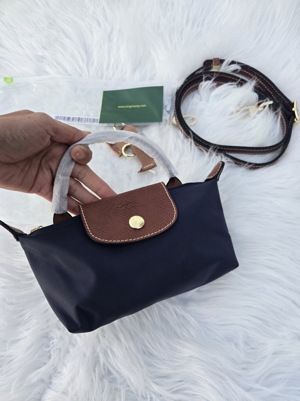 Longchamp Le Pliage Extra Small Navy Blue Bag With Long Strap